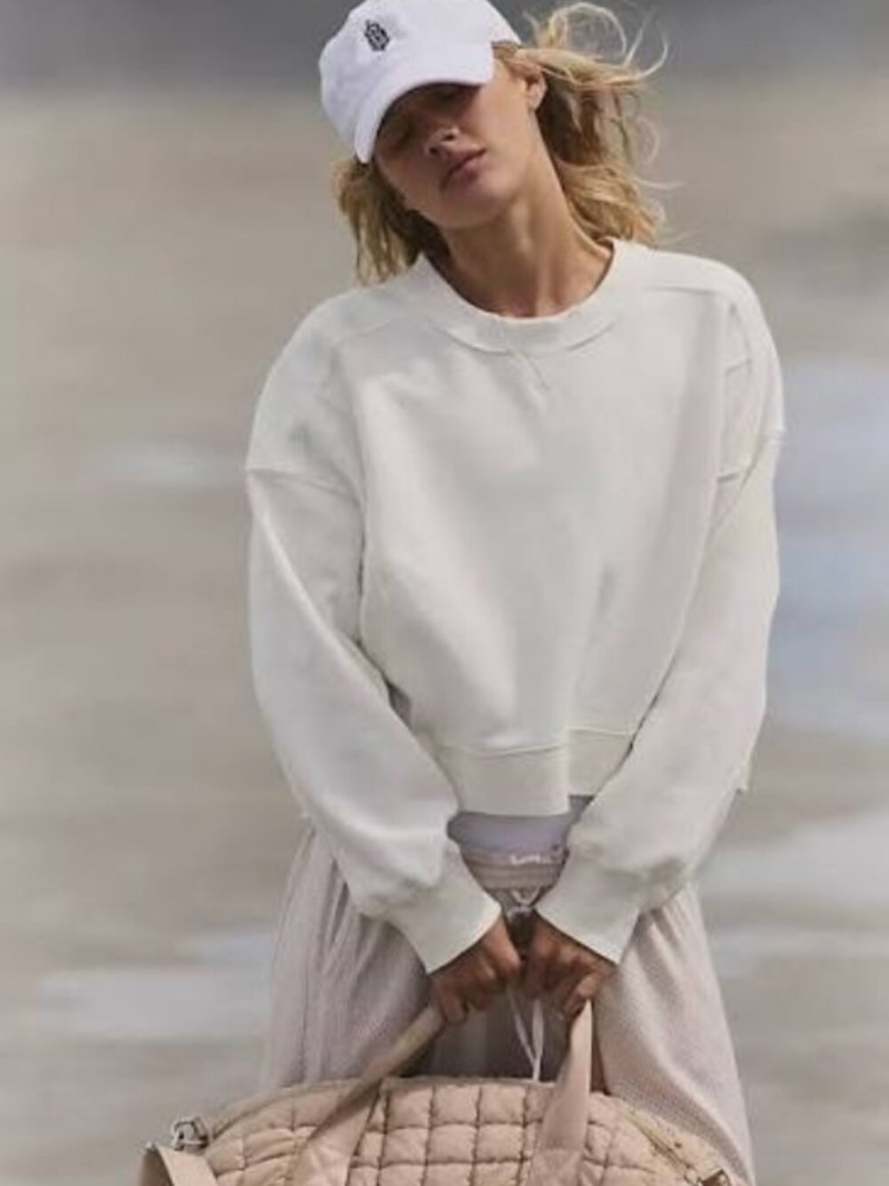 Free People Intercept Pullover White Cropped Long Sleeve Crew Neck Boxy Top L